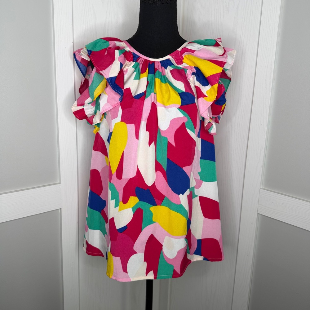 Jodifl Ruffle Sleeve Top Womens Small Pink Multi Abstract Relaxed B20680-2